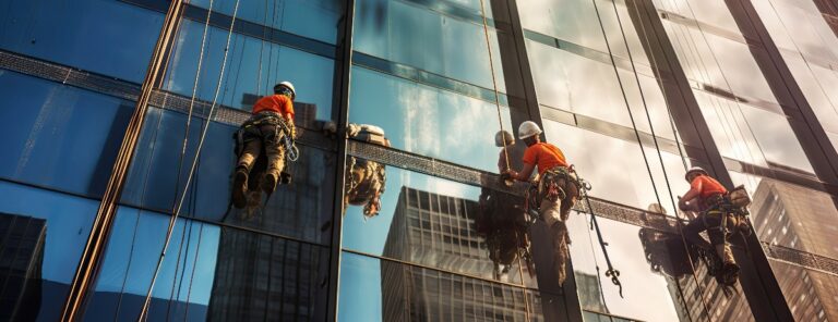 Arbeiter reinigen Glas in einem hohen Gebäude.