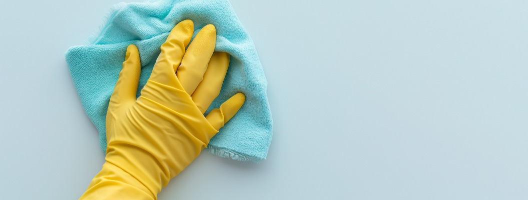 eine Hand mit Gummihandschuhen, die ein Tuch zum Reinigen hält